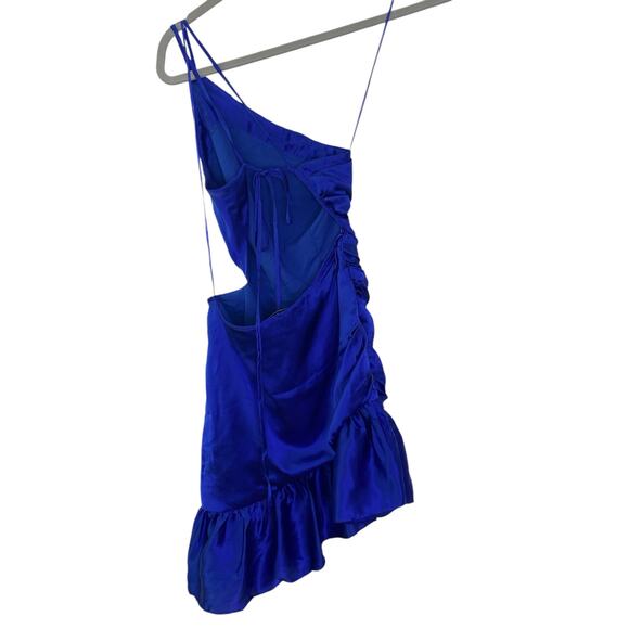Amanda Uprichard Nicoletta Silk Mini Dress One Shoulder Ruffle Hem Lapis Size S - Picture 6 of 10